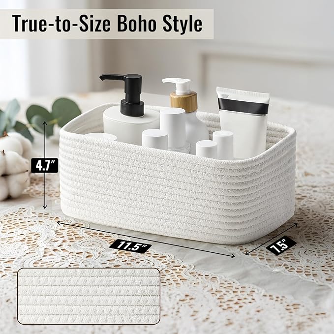 8 Pack Small Storage Baskets for Organizing, Woven Rope Bins for Bathroom, Closet, Shelf Organizer, Cute Cube Decorative Box for Towels, Baby Nursery, Toys, Gift Empty Baskets - 11.5"x7.5"x4.7"-White