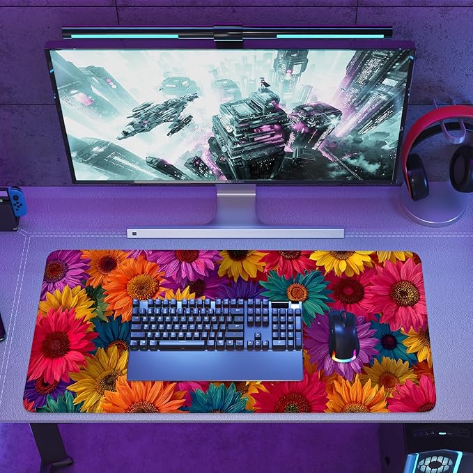 Colorful Floral Mouse Pad – Large Extended Desk Mat 35.43 x 15.75 in – Bright Rainbow Sunflower Design, Non-Slip Rubber Base, Waterproof Surface, Oversized Keyboard & Mouse Pad for Office or Gaming