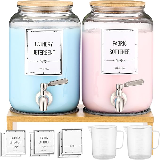 Laundry Detergent Dispenser. 0.9 Gallon Glass Laundry Soap Liquid Laundry Detergent Dispense. Fabric Softener Dispenser With Stand and Bamboo Lid. Laundry Room Organization and Storage