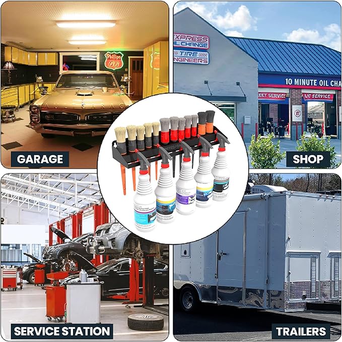 UNITEDPOWER Brush and Trigger Bottle Holder, Wall Mount Storage Rack Organizer for Auto Repair Shops Car Washes And Home Garages, Stores up to 12 Detailing Brushes & Hanging Rail for Bottles