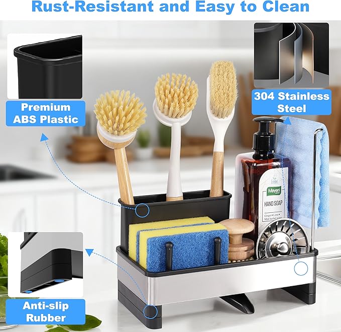Kitchen Sink Caddy Organizer with Dish Brush Holder, Stainless Steel Sponge Holder with Dish Cloth Rack, Soap Sponge Caddy for Kitchen Countertop Sink Organizer and Storage Essentials