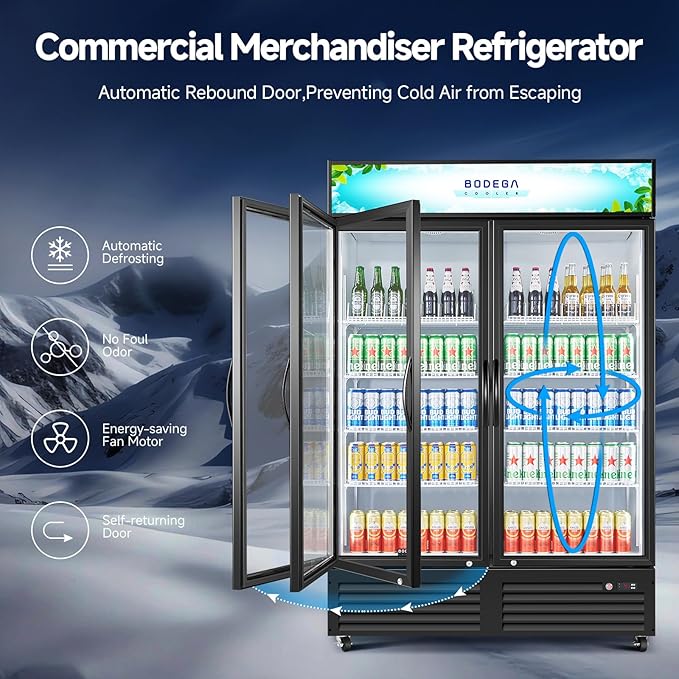 BODEGACOOLER Commercial Merchandiser Refrigerator, 2 Glass Door Commercial Beverage Refrigerator, 40 Cu. Ft Beverage Display Cooler with Soft LED Light, Adjustable Shelves and 4 Strong Castors(Black)