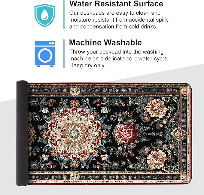 Vintage Persian Carpet Mouse Pad – Large Extended Desk Mat 35.43 x 15.75 in – Oriental Floral Rug Design, Non-Slip Rubber Base, Stitched Edges, Soft Keyboard & Mouse Mat for Office or Gaming
