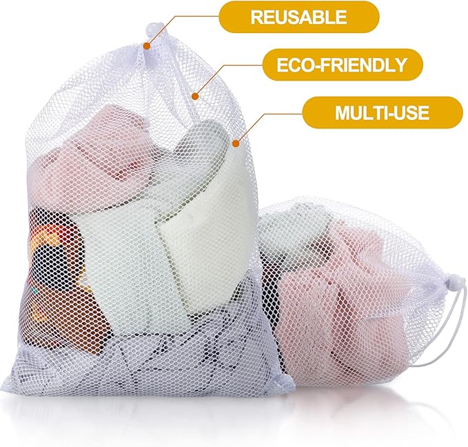 TecUnite 10 Pcs Mesh Bags Drawstring Laundry Bags Large Nylon Mesh Gift Dishwasher Bag with Sliding Drawstring for Kitchen Jewelry Gifts Wedding Favor Home(12 x 16 Inch,White)