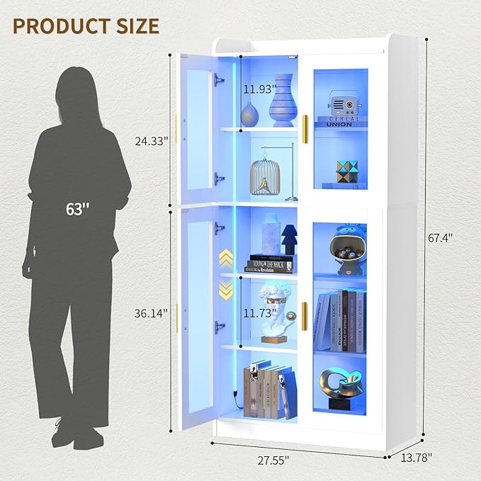 Unikito Display Cabinet with Glass Doors, 67" Tall Bookcase with LED Lights, Glass Display Case with 5-Tier Storage Shelves, Curio Cabinet for Collectibles Bedroom Living Room Office, White Bookshelf
