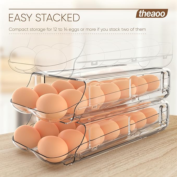 theaoo Egg Holder for Fridge, Automatic Rolling Egg Container for Refrigerator, Clear Plastic Egg Dispenser, Stackable Eggs Organizer with Quick Removable inner Tray For Organizers and Storage, 3 Pack