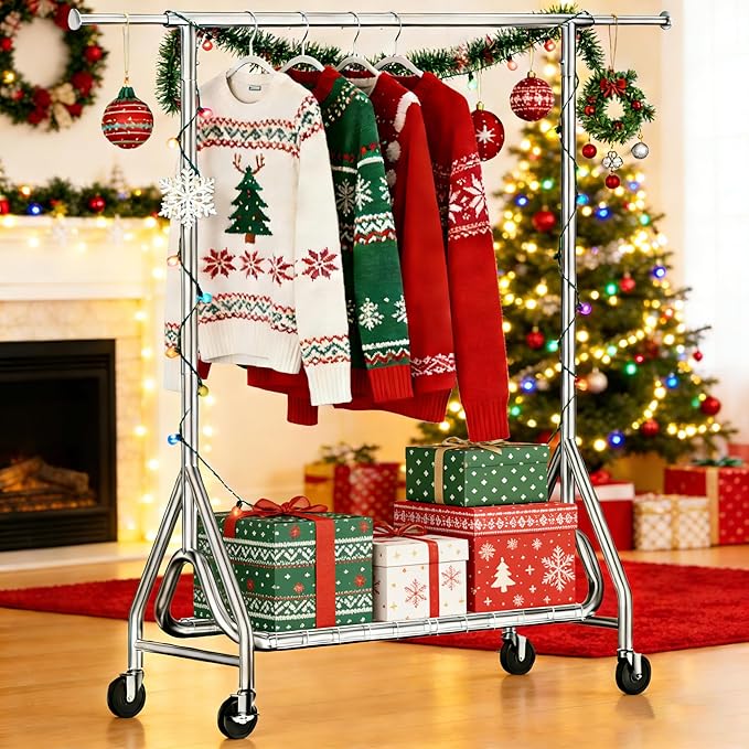 Heavy Duty Clothing Rack, Metal Clothes Rack Load 450 LBS, Rolling Coat Racks for Hanging Clothes with Lockable Wheels, Wardrobe Closet Garment Racks for Bedroom, Silver