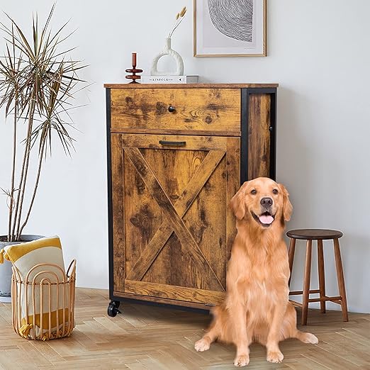 VINGLI 13 Gallon Tilt Out Trash Cabinet, Wood Hidden Trash Can Kitchen Cabinet with Drawer, Movable/Freestanding Pet Proof Storage Organizer, Laundry Basket Living Room Storage, Rustic Brown