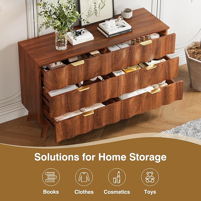 6 Drawer Dresser, Modern Fluted Storage Dresser with Deep Drawers and Metal Handles, Wood Chest of Drawers Storage Organizer for Bedroom, Living Room, Hallway (Walnut)