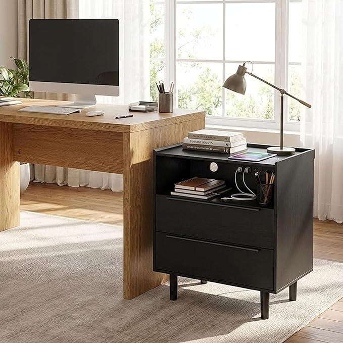 Set of 2 Modern Black Nightstands with Hidden Charging Station, USB Ports, Cable Hole, Tray Top & 2 Drawers – 24" Bedside Tables for Bedroom, Apartment