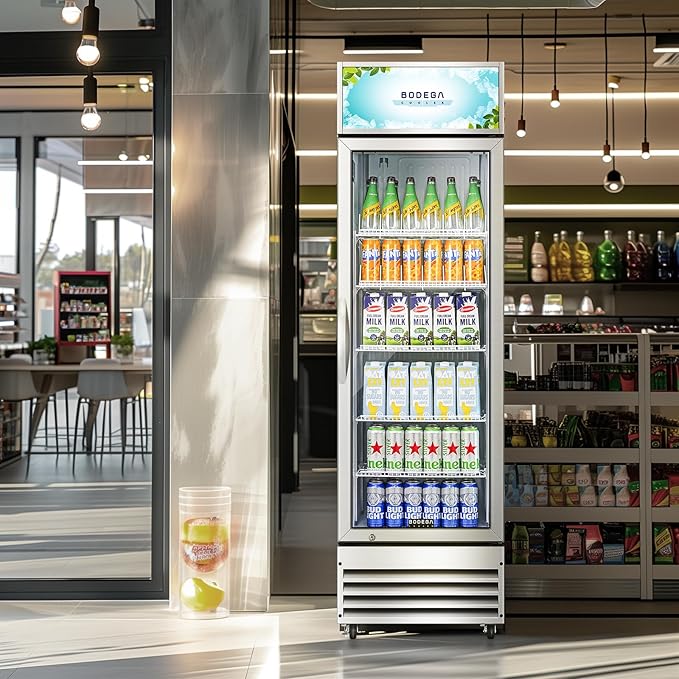 BODEGACOOLER Commercial Merchandiser Refrigerator, 12.5 Cu.Ft Glass Door Display Refrigerator, Upright Beverage Cooler with Soft LED Light, Adjustable Shelves, 4 Strong Castors(Stainless Steel)