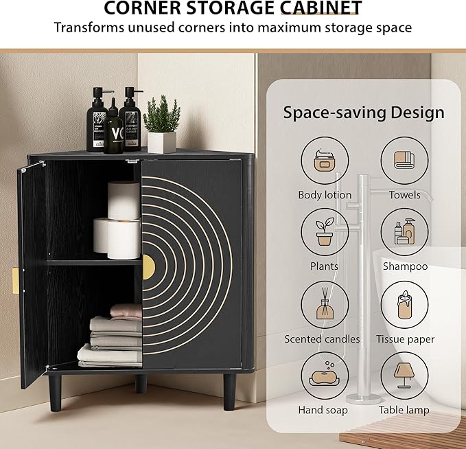 Small Corner Storage Cabinet, Modern Freestanding Floor Cabinet with Magnetic Door Lock and Adjustable Shelves, Small Space Corner Table for Bathroom, Kitchen, Dining Table, Living Room, Black