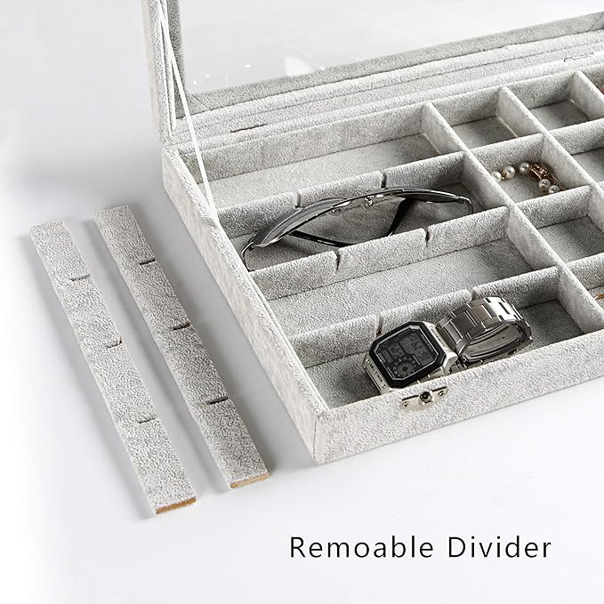 Frebeauty 24 Grid Earring Holder Organizer Tray, Jewelry Organizers and Storage for Drawer,Velvet Jewelry Display Storage for Earrings,Rings,Studs,10.5 x 6.5 x 1.2 Inches Gift for Women (Grey)