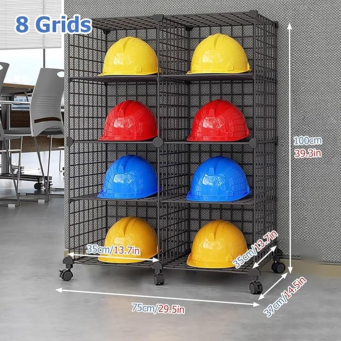 Stackable Safety Helmet Storage Boxes, Large Adjustable Hard Hat Placement Organizer Rack,with Wheels,for Construction Site/Garage/Workshop/Factory Helmet Display Shelf (Black, 8 Grids-2 * 4)