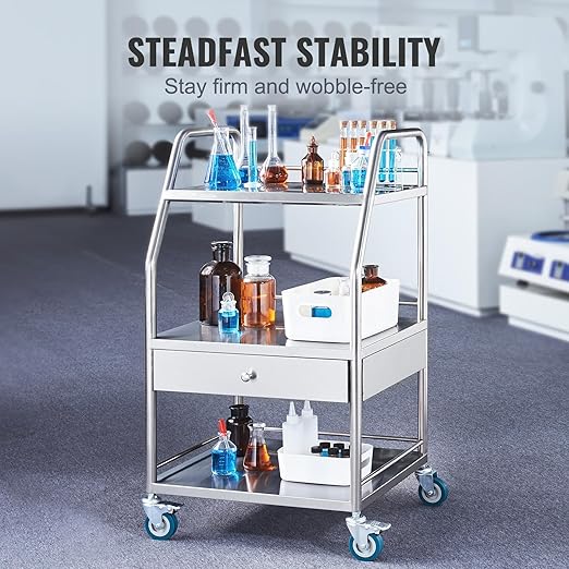 VEVOR Stainless Steel Utility Cart with 3 Shelves & 1 Drawer, 360 Swivel Casters, 220lbs Capacity