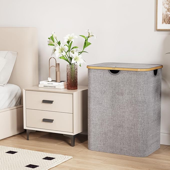 Lifewit 120L Large Laundry Hamper with Lid, Foldable 2 Section Laundry Basket with Bamboo Handles and Removable Bags for Laundry Room, Bathroom, Bedroom, Light Gray
