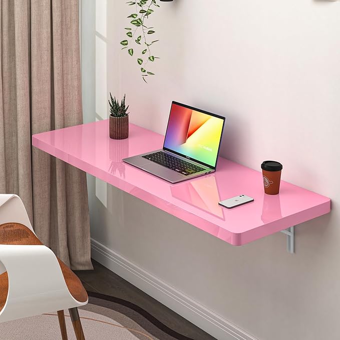 Clikuutory Wall Mounted High Gloss Folding Table, Wall Desk Fold Down for Small Spaces, Folding Workbench for Laundry Room, Home Office, Kitchen, Bedroom, Home Bar, Pink (47.2"×19.7")