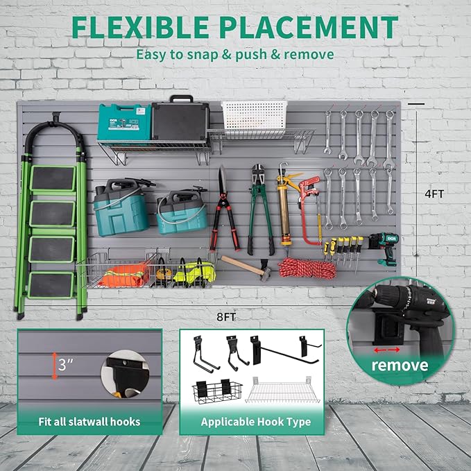 Slat Wall Paneling Garage Slat Wall Storage Systems Organizer Grey Slatwall 4x8 ft Garage Tool Mount Garden, PVC Wallpanel Storage & Organization Products