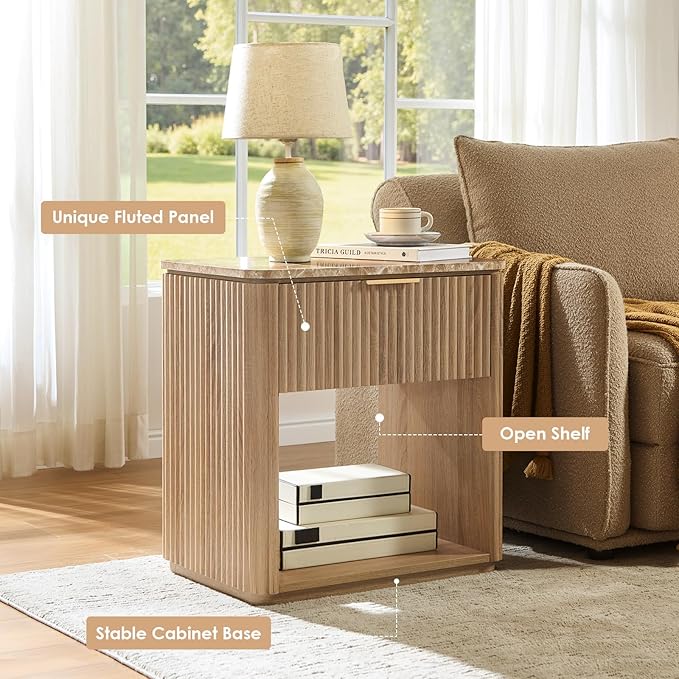 Fluted Nightstand with Drawer, Bedside Table with Faux Marble-Top, Engineered Wood Side Table with Open Shelf, Curved Corners, Metal Handle, Modern Night Stand for Bedroom, Small Spaces, Natural Oak