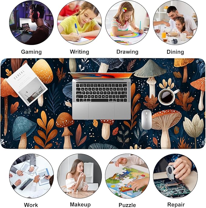 Mushroom Forest Mouse Pad – Large Extended Desk Mat 35.43 x 15.75 in – Autumn Woodland Fungi Illustration, Waterproof Surface, Non-Slip Rubber Base, Keyboard & Mouse Pad for Nature Lovers