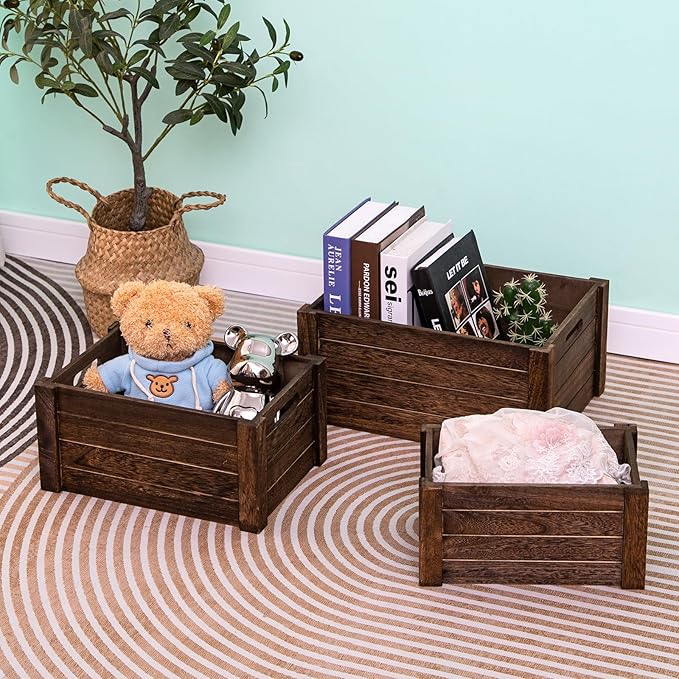 Large Vintage Brown Wooden Crates For Storage,Nesting Handmade Solid Wood Vintage Black Wood Storage Boxes.Storage Crates For Organizing.
