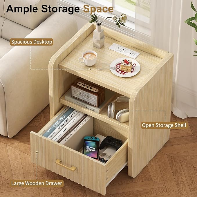 Night Stand with Charger Station, Fluted Wood Nightstand with Drawer Storage, Modern Bedside Table, Wide Nightstands for Bedroom, Mid Century Wooden Night Stands for Home Office Sofa Couch