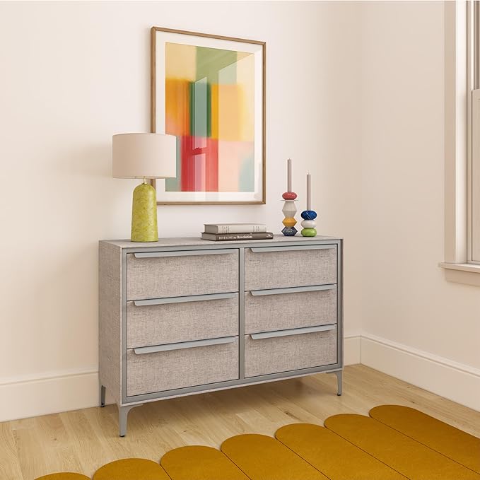 Naima Premium Fabric Dresser - Strong Metal Frame, 6 Spacious Sag-Proof Drawers with Sleek Metal Handles - Premium & Durable Storage Solution for Your Home (Silver)