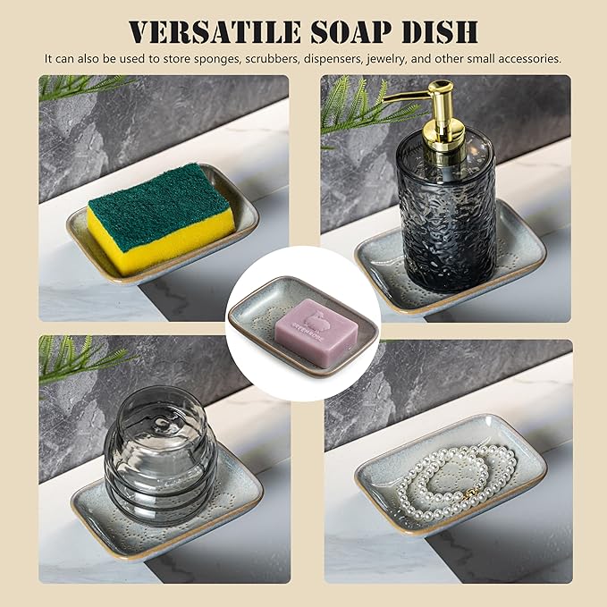 Gomakren Soap Dish for Shower, Ceramic Soap Dishes for Bar Soap Sponge, Christmas Shower Soap Holder Saver Tray for Bathroom Kitchen Sink, Easy to Clean, Gray