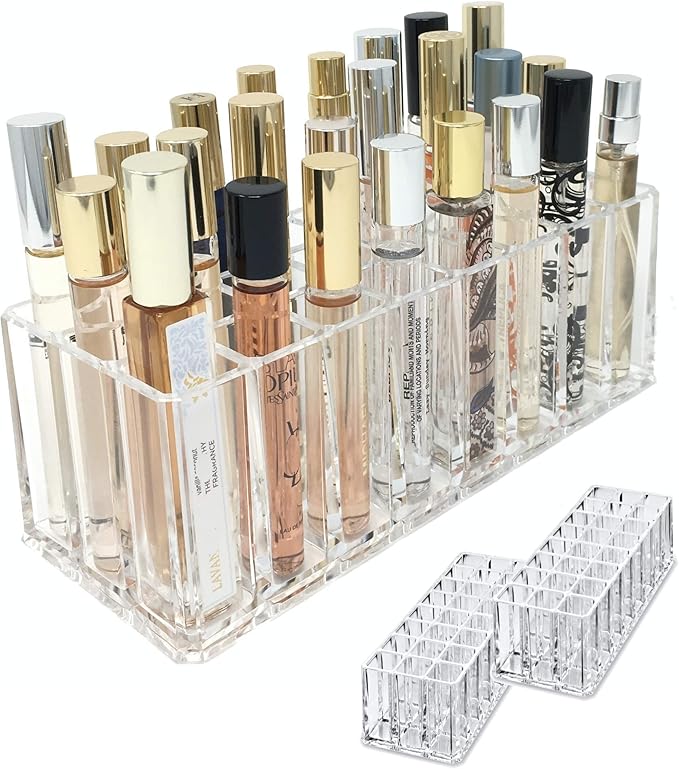 BY ALEGORY Acrylic Rollerball Perfume Organizer Beauty Scent Holder 24 Space Organization Refillable Container Tall Scented Oil Storage Display Case