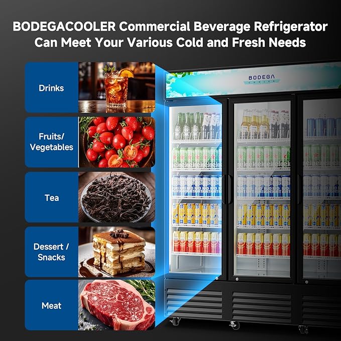 BODEGACOOLER Commercial Merchandiser Refrigerator,3 Glass Door Commercial Beverage Refrigerator, Beverage Display Cooler with Soft LED Light, Adjustable Shelves and 8 Strong Castors, 53 Cu. Ft,Black