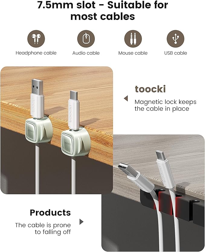 12 Pack Magnetic Cable Clips – Cord Organizer & Holder, Toocki Adhesive Cable Management, Wire Holder for USB Charging Cables, Ideal for Home, Office, Car, Desk, and Nightstand-Green