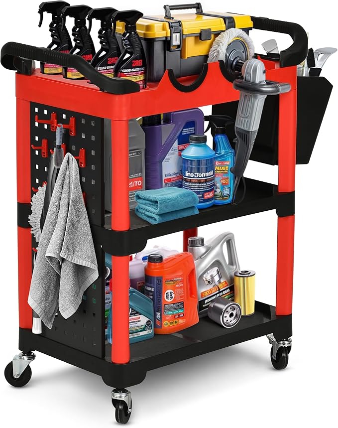 DWVO Auto Detailing Cart with Wheels, 3-Tier Rolling Tool Organizer with 2 Polisher Brackets, 17" D x 32" W Car Wash Utility Cart with Hooks & Hanging Bucket for Garage, Workshop, DIY Home