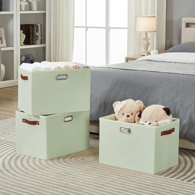3-Pack Foldable Fabric Storage Bins with Durable PU & Metal Handles, Collapsible Storage Baskets for Shelves, Home Storage, Closet Organizers, Living Room(17"x11.8"x11.8", Sage Green)