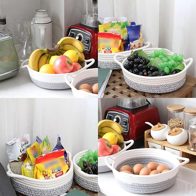 Sea Team 2-Pack Cotton Rope Baskets, 10 x 3 Inches Small Woven Storage Basket, Fabric Tray, Bowl, Round Open Dish for Fruits, Jewelry, Keys, Sewing Kits (Grey & White)