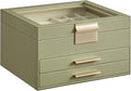 SONGMICS Jewelry Box Organizer with Glass Lid, 3-Layer Jewelry Storage, with 2 Drawers, Modern Style, Christmas Gift, 8 x 9.1 x 5.3 Inches, Avocado Green and Gold Color UJBC239C02