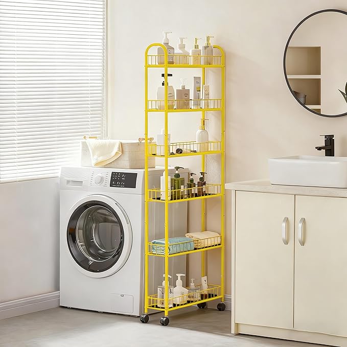 6-Tier Slim Storage Cart with Wheels,6in Narrow Rolling Shelf,Sturdy Slim Storage Ideal for Kitchen, Bathroom, and Laundry Room, Yellow