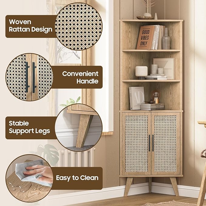 Corner Cabinet with Rattan Doors, Tall Farmhouse Corner Display Shelf with Bottom Storage Cabinet and 3 Adjustable Shelves Home Office Space Saver for Bathroom, Kitchen, Bedroom and Living Room