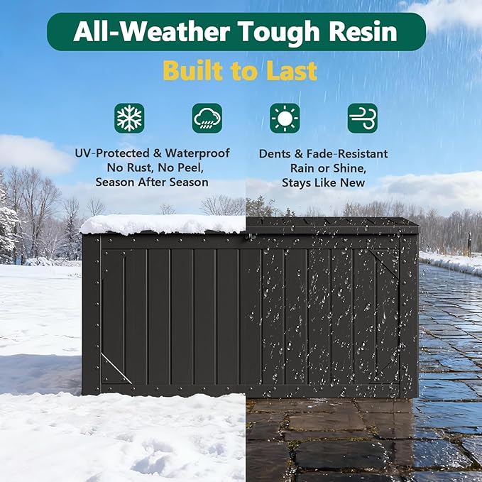 Outdoor Storage Box,100Gallon Deck Box Outdoor Storage Bench Outside Waterproof Resin Storage Bench, Lockable Patio Cushions, Garden Tools Storage For Furniture, UV Resistant(Ebony Black)
