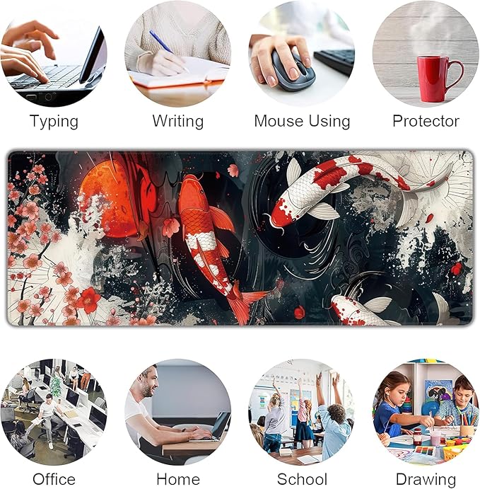 Koi Fish Large Mouse Pad,Gaming Keyboard Desk Pad,Extended Mouse Mat Non-Slip Rubber Base with Stitched Edges for Office Game Home XL 31.5"x11.8"