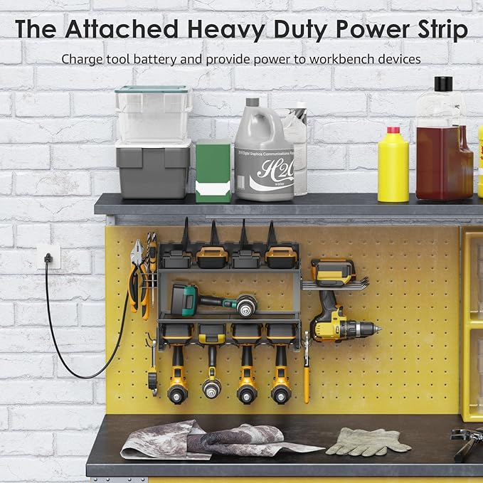 CCCEI Modular Power Tool Organizer Wall Mount Charging Station, Grey 6 Drills Holder with 8 Plug Power Strip 6FT, Garage Drill Battery Heavy Duty Metal Shelf, Utility Rack with Hooks, Side Storage.