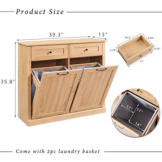 Double Tilt Out Trash Cabinet, 20 Gallon Farmhouse Laundry Hamper Cabinet with 2 Drawers, Hidden Wooden Trash Can Cabinets with Storage Basket for Kitchen, Living Room (Natural)