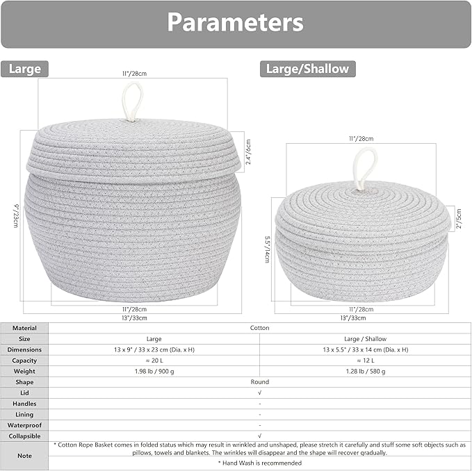 Sea Team Round Cotton Rope Storage Basket with Lid, Decorative Woven Storage Bin, Pot, Caddy, Organizer, Container for Snacks, Towels, Plants, 13 x 5.5 Inches (Large, Shallow, Black)
