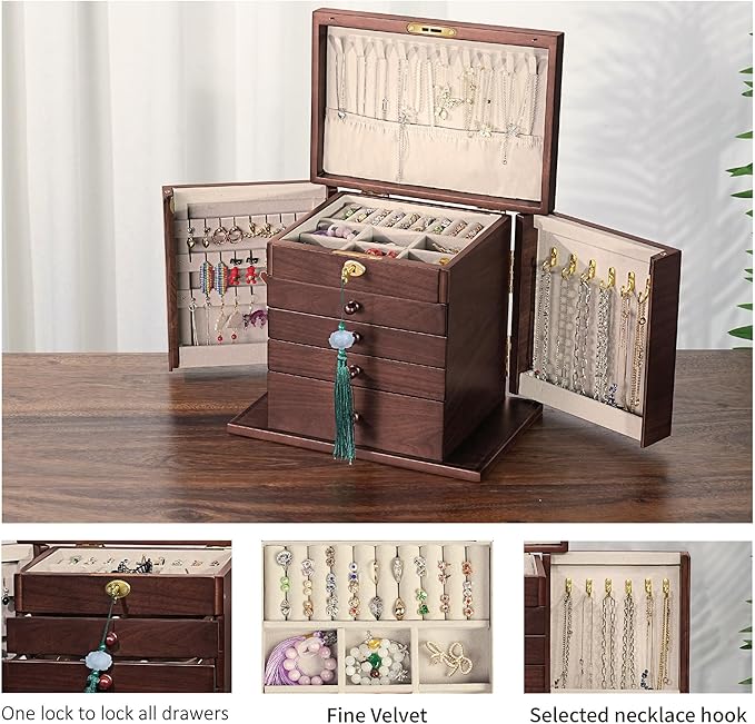 Wooden Jewelry Boxes for Women with Lock,Large Capacity Jewelry Boxes & Organizers,Vintage jewelry organizers and storage,dresser top jewelry organizer,Gift for Wives & Mothers