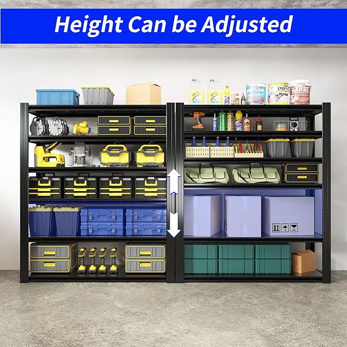 Metal Storage Shelving Heavy Duty, Shelves Unit for Garage, Adjustable 6 Tier Storage Rack, Industrial Utility Shelf for Garage, Warehouse, Basement, Kitchen, 18" D x 48" W x 82.5" H, Black