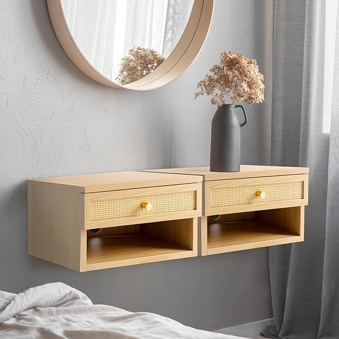 JONATHAN Y NST2000B Celerie 15.71" Mid-Century Modern Floating Wall Mounted Nightstand with Soft-Close Rattan Drawer and Cable Hole, Light Oak