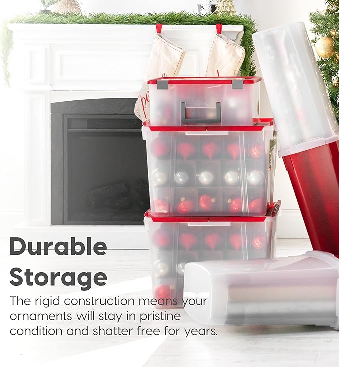IRIS USA Ornament Storage Box with Attached Lid, Stores 75 Ornaments per Bin, 2-Pack, Stackable Durable Christmas Storage Organization Container Bin for Holiday Decorations and Accessories, Clear/Red