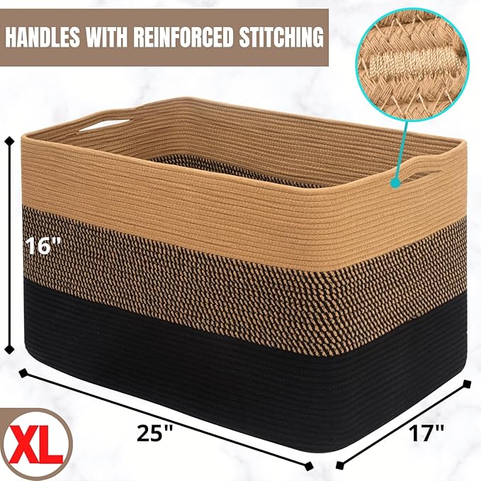 MINTWOOD Design 112L Extra Large Blanket Basket Holder Living Room, 25"x17"x16" Rectangle Rope Woven Storage Basket with Handles for Laundry, Pool Towels, Shoes, Dog Toy Organizer Bin Box, Black Jute