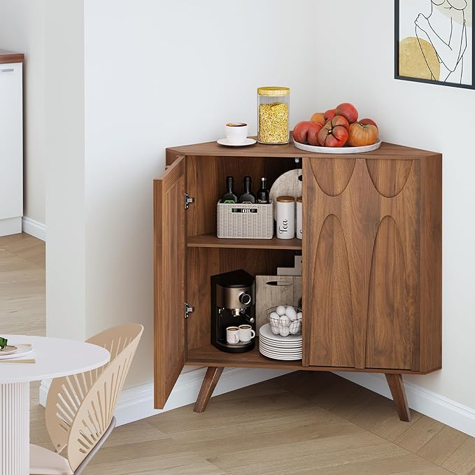 Small Corner Cabinet,Corner Floor Cabinet with Adjustable Doors and Shelve, Freestanding Narrow Storage Organizer for Kitchen Living Room Bathroom (Walnut)
