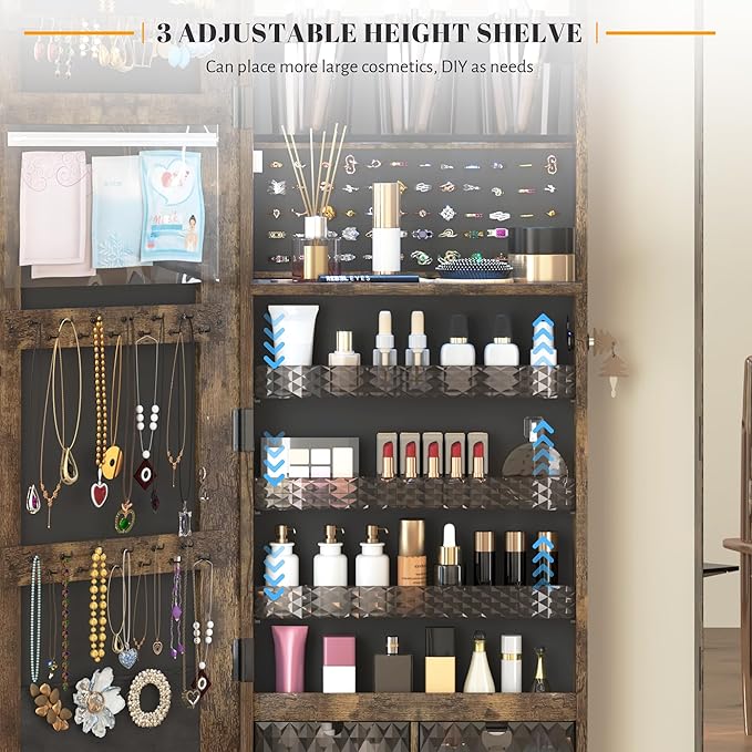 Vlsrka 47.2" LED Mirror Jewelry Cabinet, Wall/Door Mounted Full Length Mirror with Storage, Lockable Jewelry Armoire with Mirror, Rounded Corner Hanging Mirror Jewelry Organizer, Rustic Brown