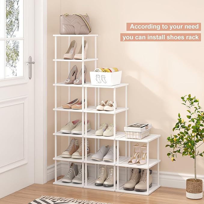 Bamboo Free Standing Shoe Rack Shelf Multi Tier Tall Wooden Stackable Shoes Rack Organizer for Closet Front Door Entrance Narrow Vertical Shoe Storage Rack for Corner Stand (White, 7 Tiers)